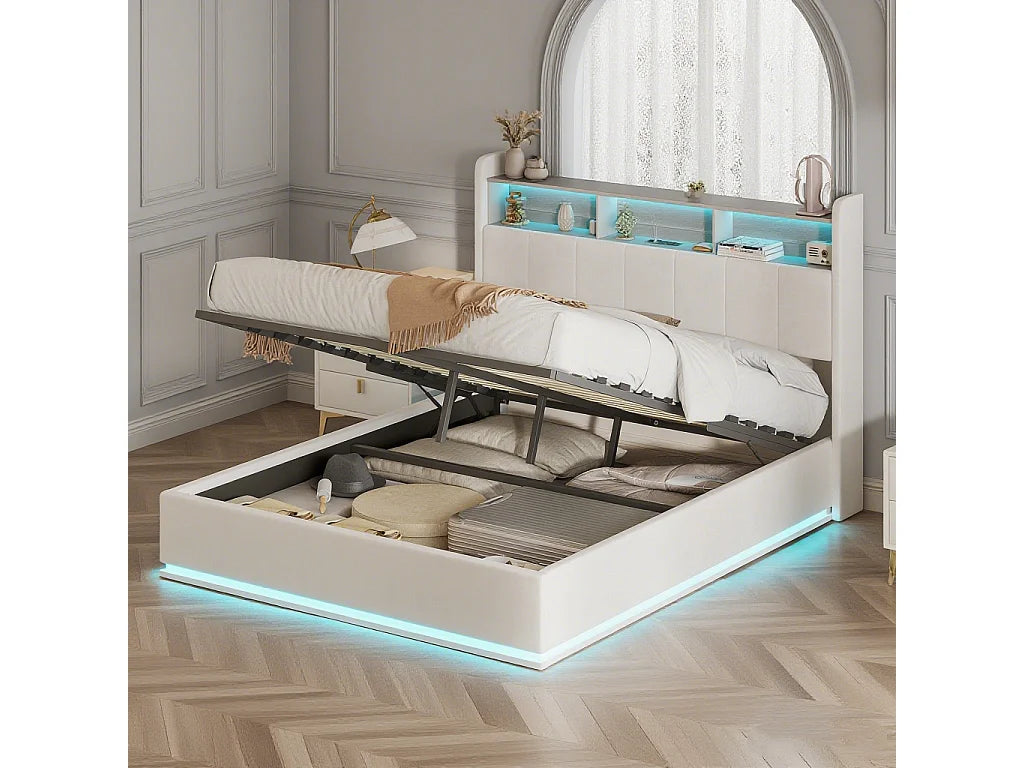 Lit Coffre 140x190 Velours Blanc avec LED et Port USB