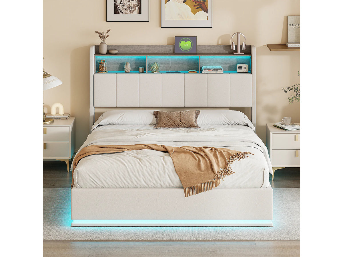 Lit Coffre 140x190 Velours Blanc avec LED et Port USB — vue 2