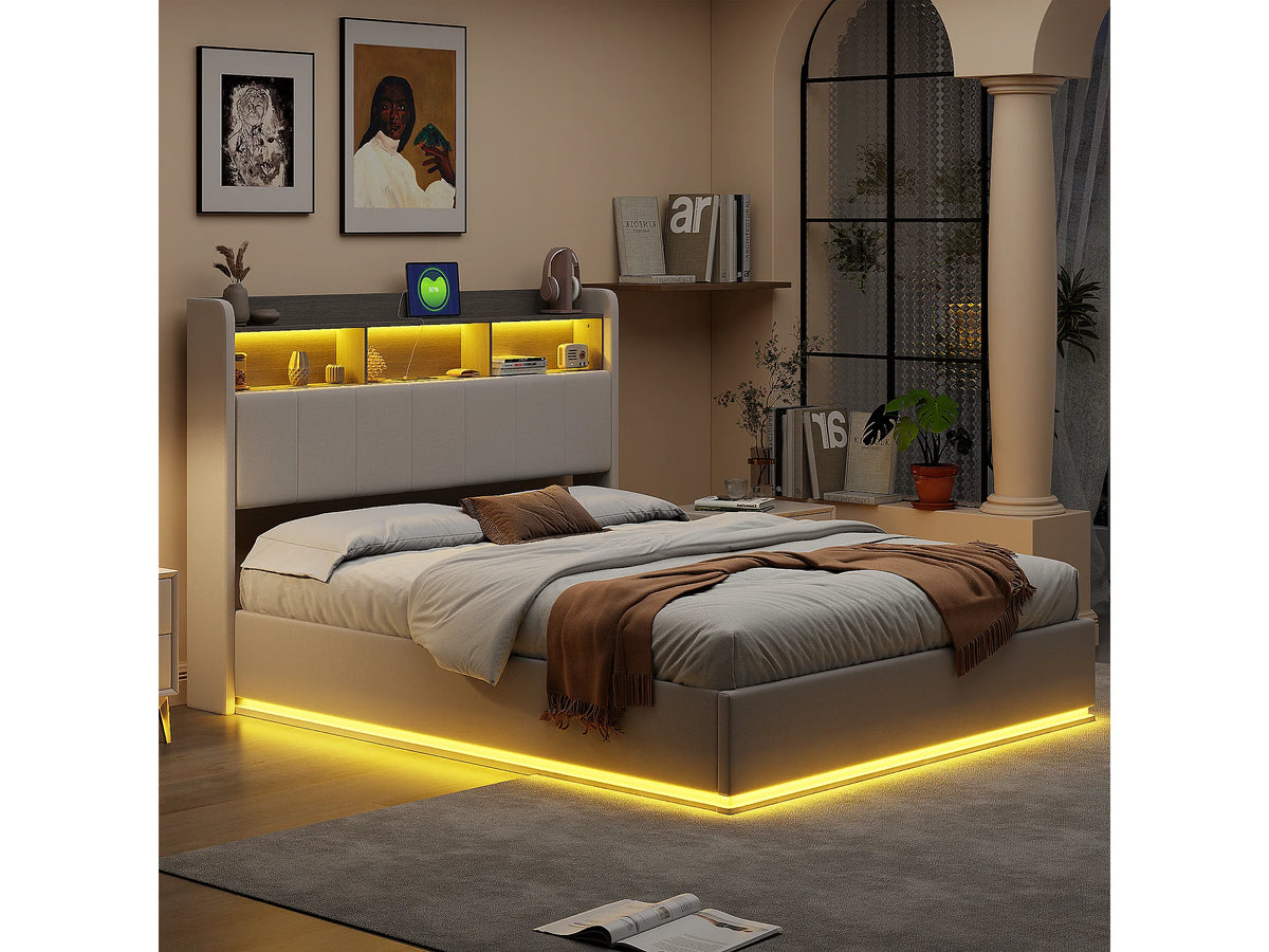 Lit Coffre 140x190 Velours Blanc avec LED et Port USB — vue 5