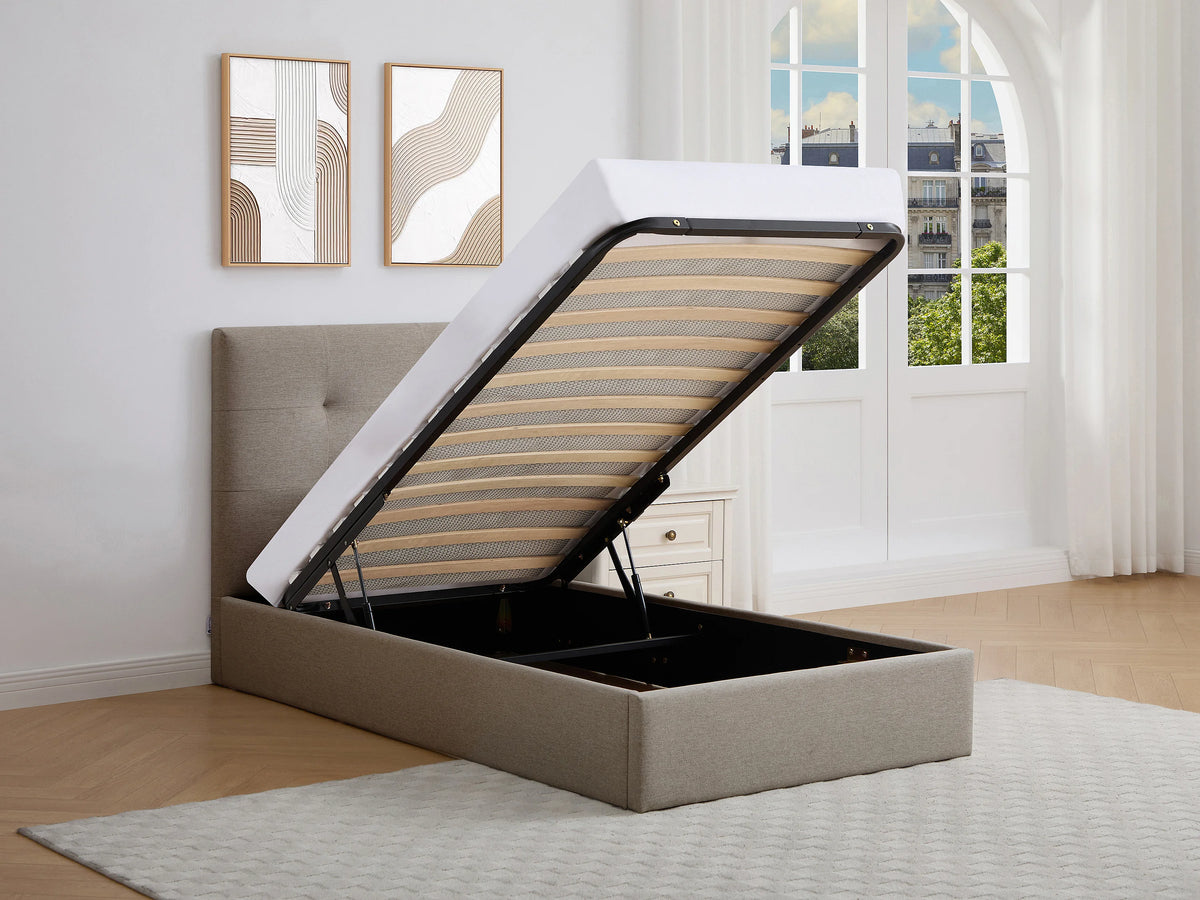 Lit Coffre 90x190 Tissu Taupe Capitonné - CALINIDA — vue 2