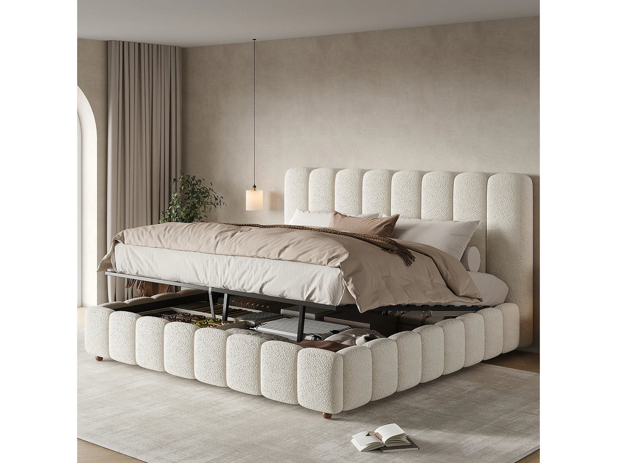 Lit Coffre 180x200 Tissu Bouclette Blanc