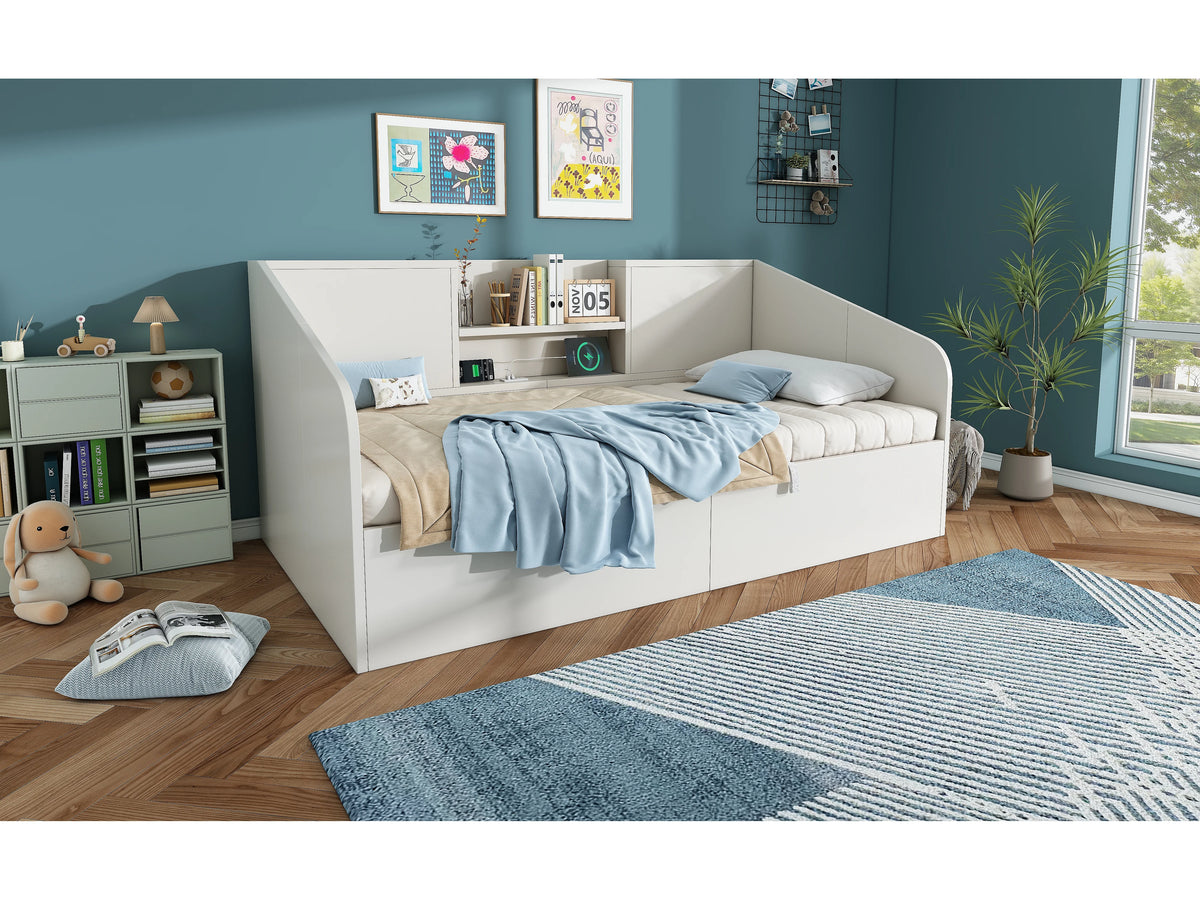 Lit Coffre 90x190 Bois Blanc avec Port USB