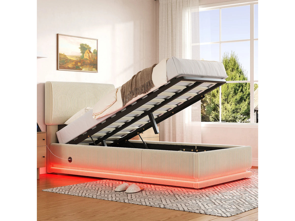 Lit Coffre 90x200 Velours Côtelé Beige avec LED et Port USB — vue 2