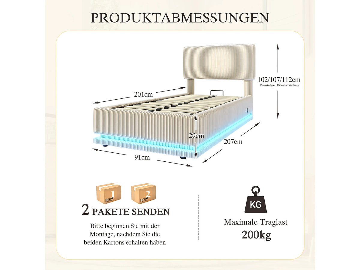 Lit Coffre 90x200 Velours Côtelé Beige avec LED et Port USB — vue 5