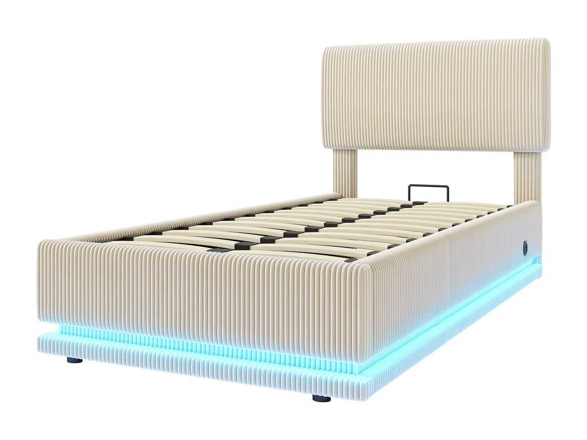 Lit Coffre 90x200 Velours Côtelé Beige avec LED et Port USB — vue 8