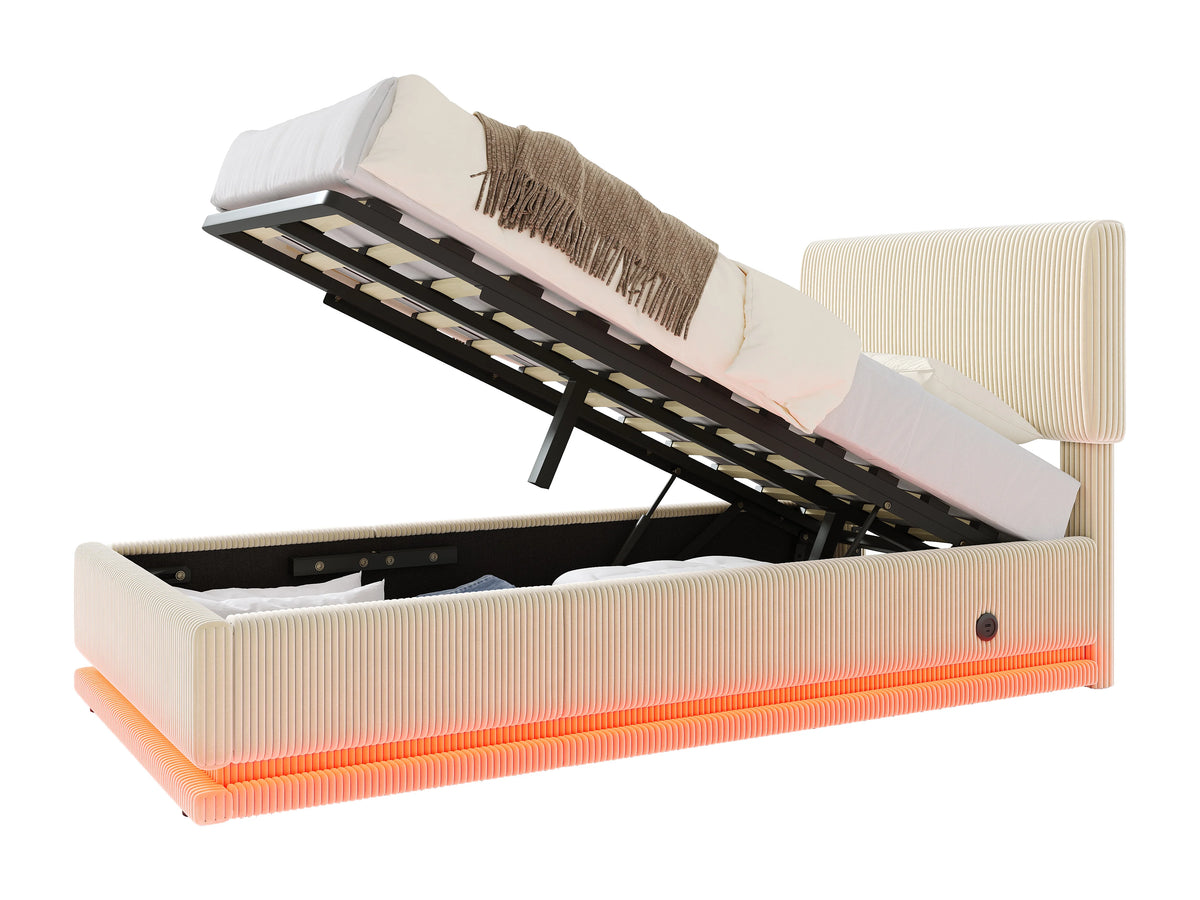 Lit Coffre 90x200 Velours Côtelé Beige avec LED et Port USB — vue 4