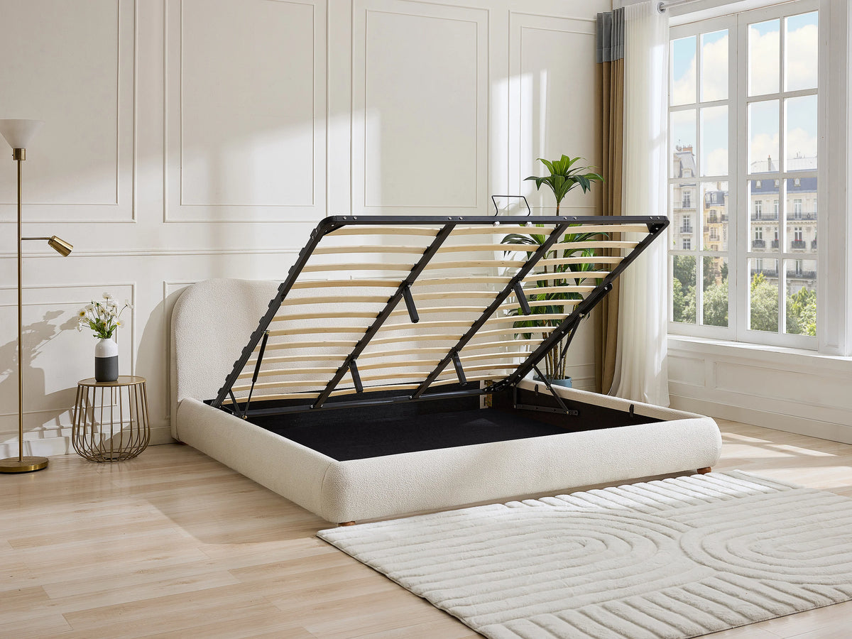 Lit Coffre 200x200 Tissu Bouclette Blanc avec Matelas - VANARI — vue 2