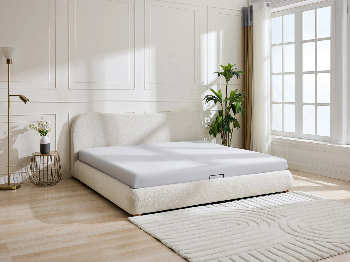 Lit Coffre 200x200 Tissu Bouclette Blanc avec Matelas - VANARI