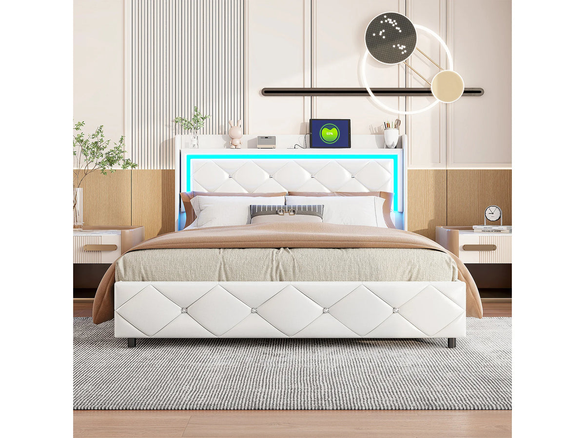 Lit Coffre 140x200 Simili Cuir Blanc Capitonné avec LED et Port USB — vue 2