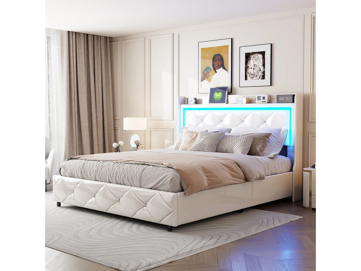 Lit Coffre 140x200 Simili Cuir Blanc Capitonné avec LED et Port USB — vue 3