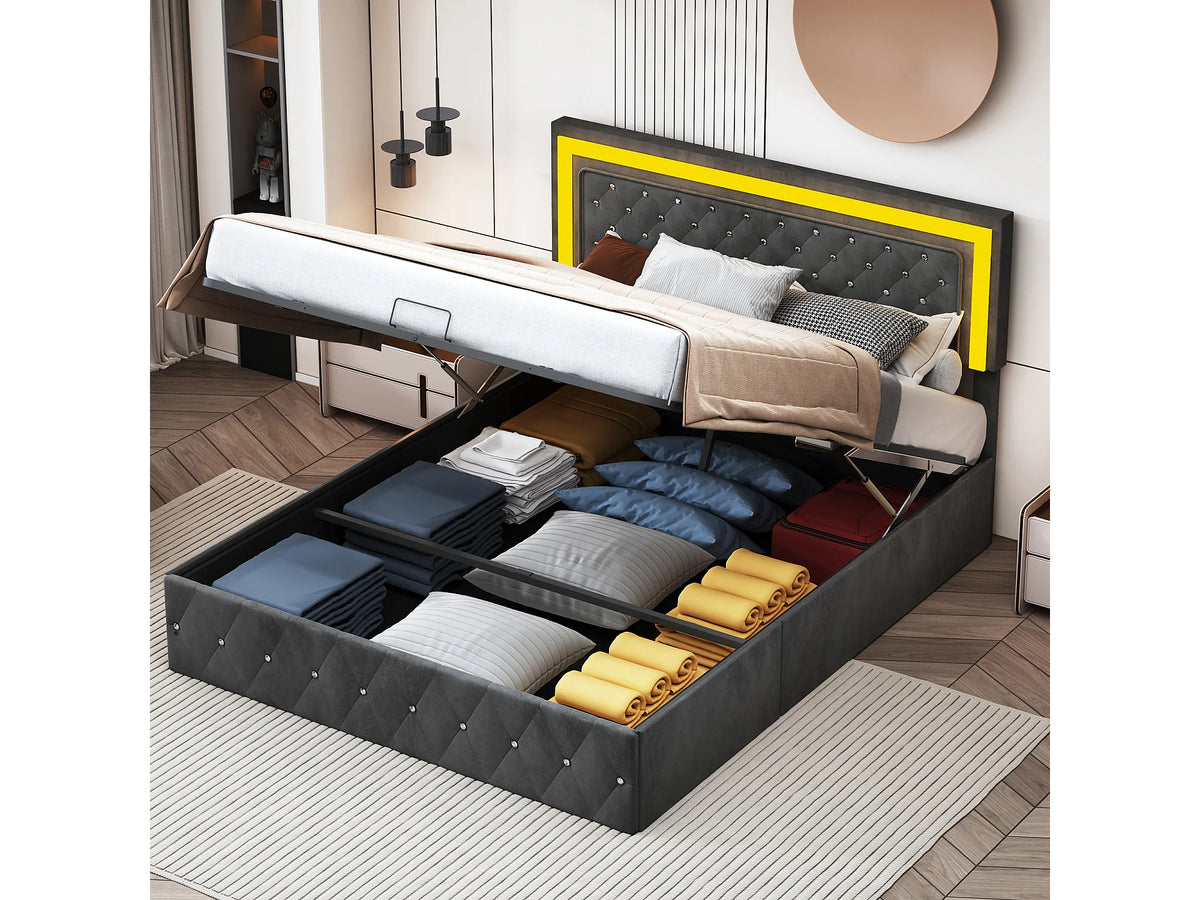 Lit Coffre 160x200 Tissu Bouclette Noir avec LED