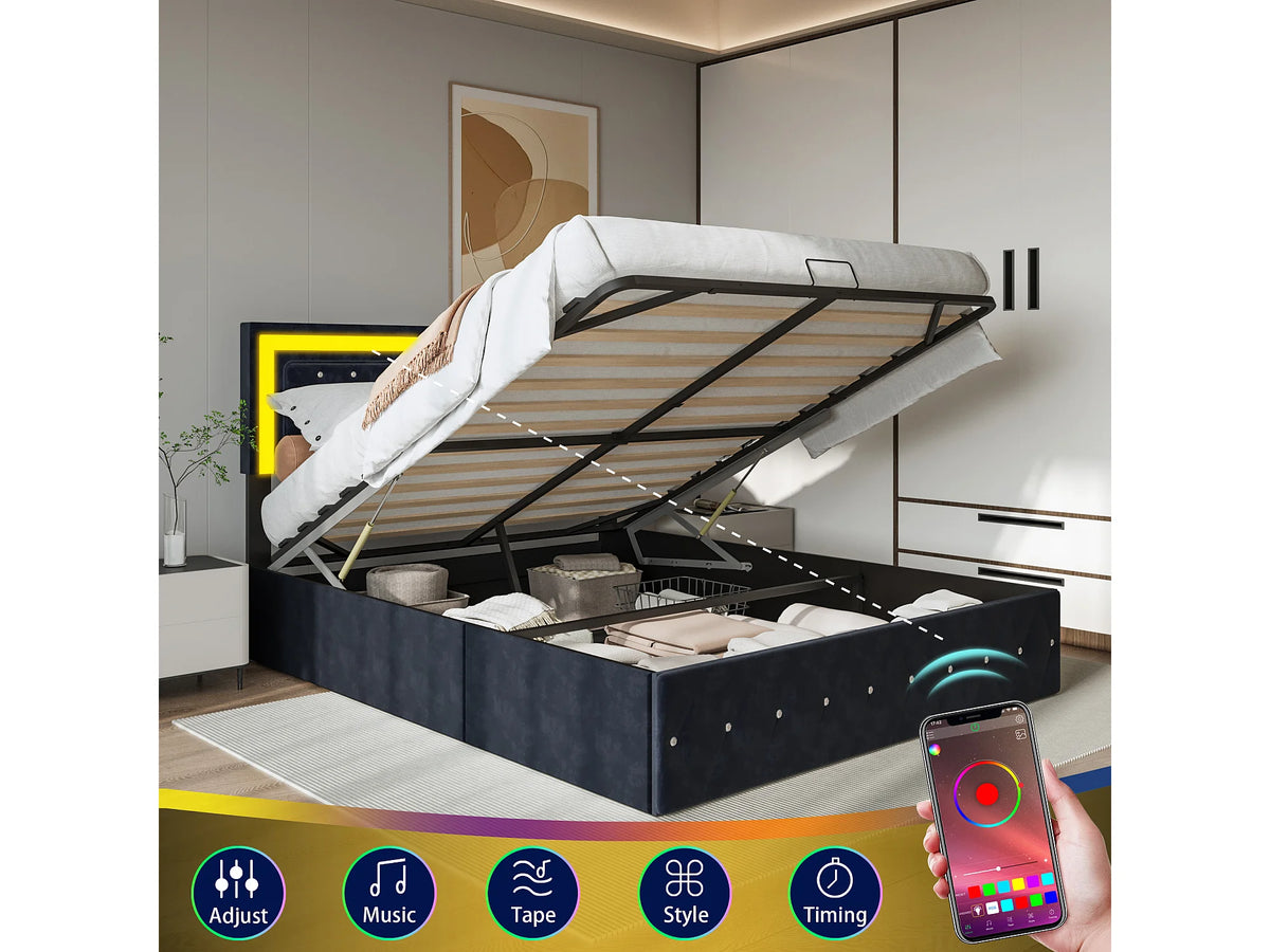Lit Coffre 160x200 Tissu Bouclette Noir avec LED — vue 2