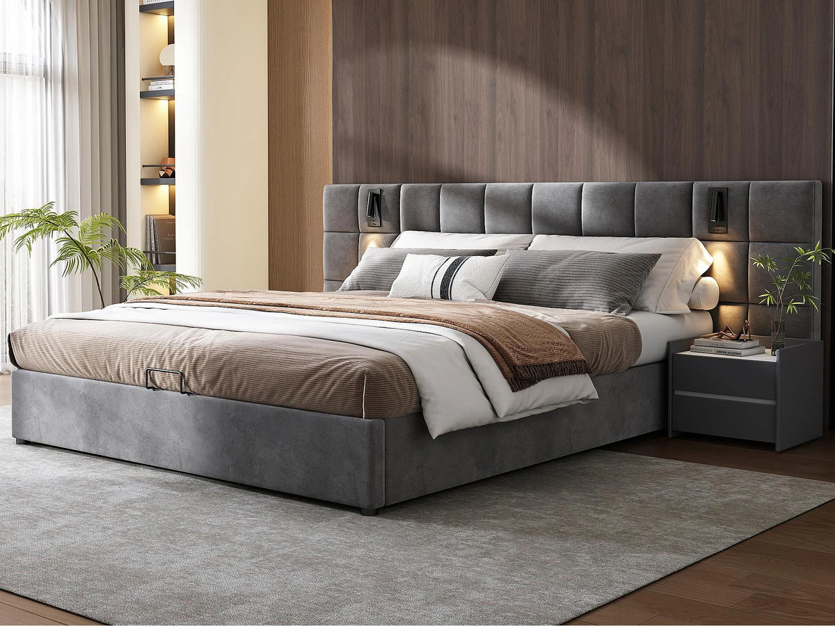 Lit Coffre 180x200 Velours Gris avec Chevets, LED et Port USB