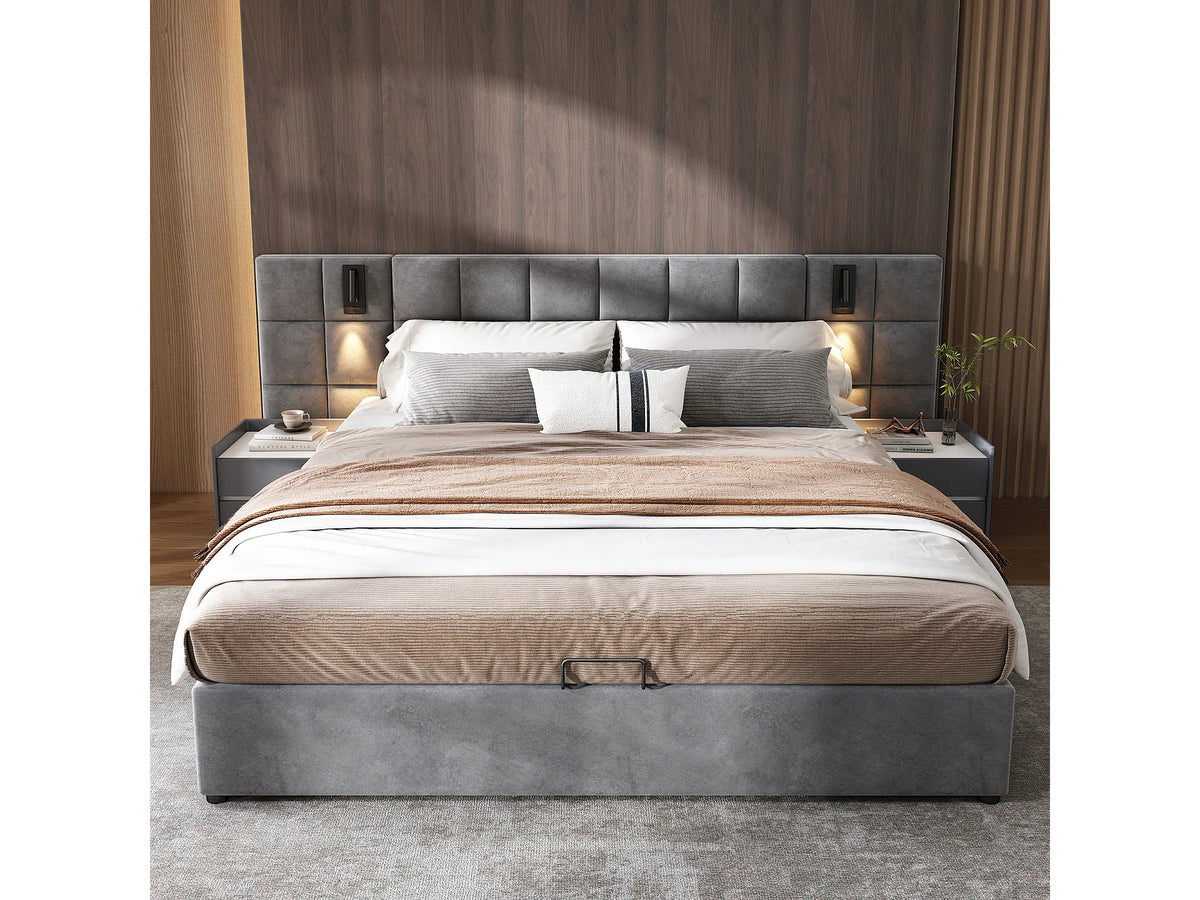 Lit Coffre 180x200 Velours Gris avec Chevets, LED et Port USB — vue 3