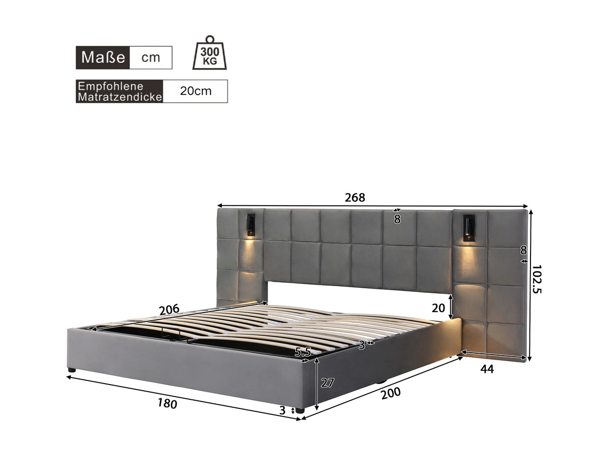 Lit Coffre 180x200 Velours Gris avec Chevets, LED et Port USB — vue 7