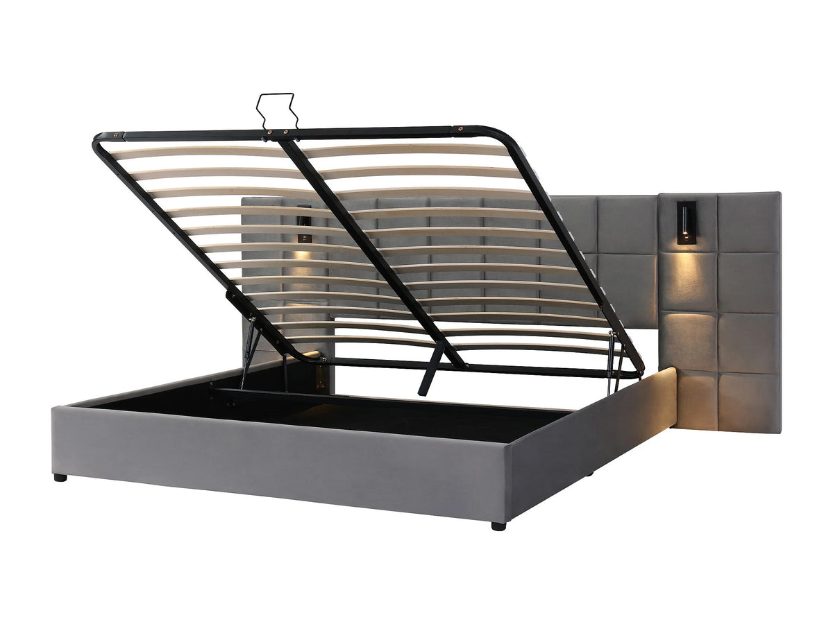 Lit Coffre 180x200 Velours Gris avec Chevets, LED et Port USB — vue 10