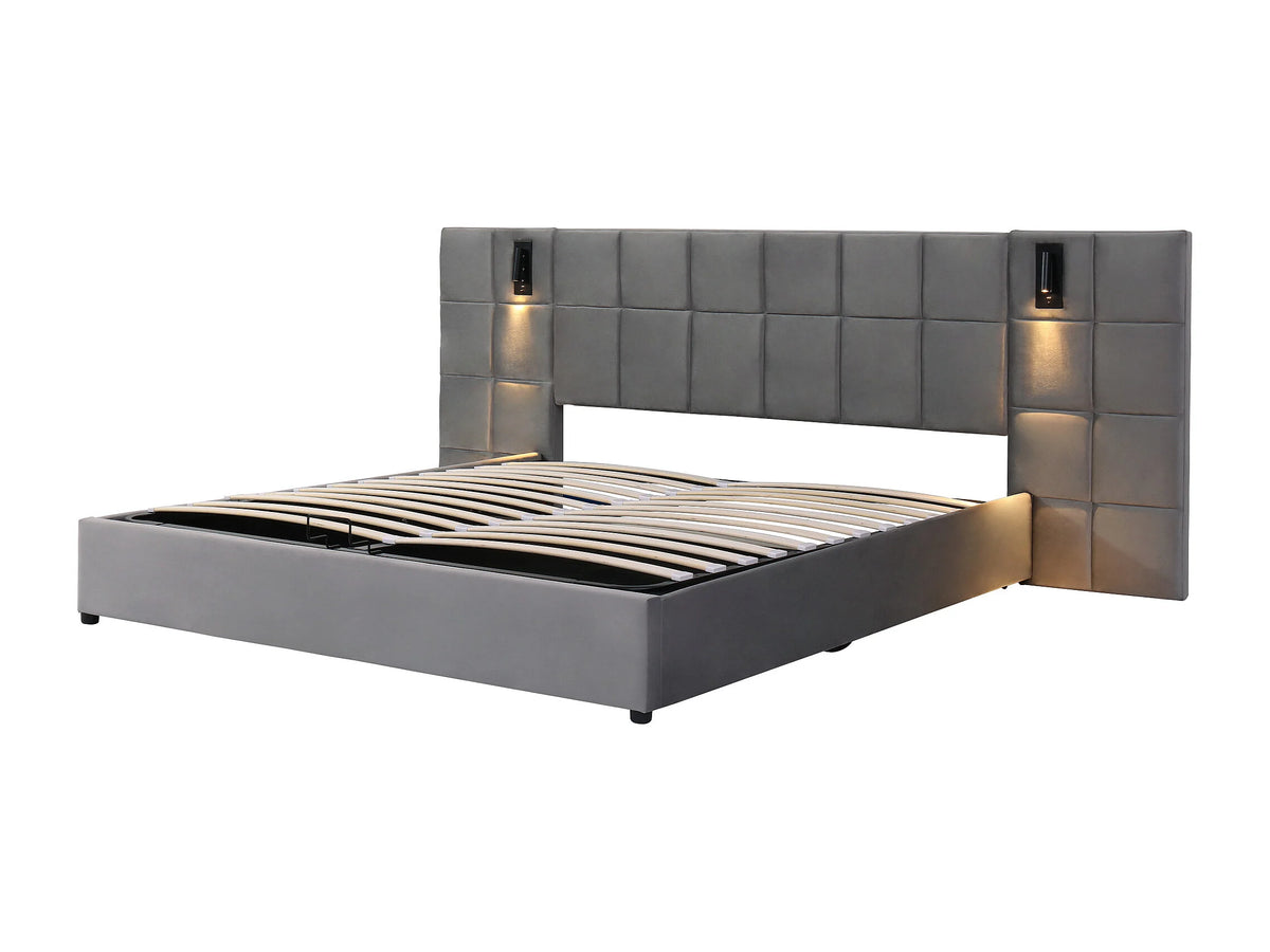 Lit Coffre 180x200 Velours Gris avec Chevets, LED et Port USB — vue 6