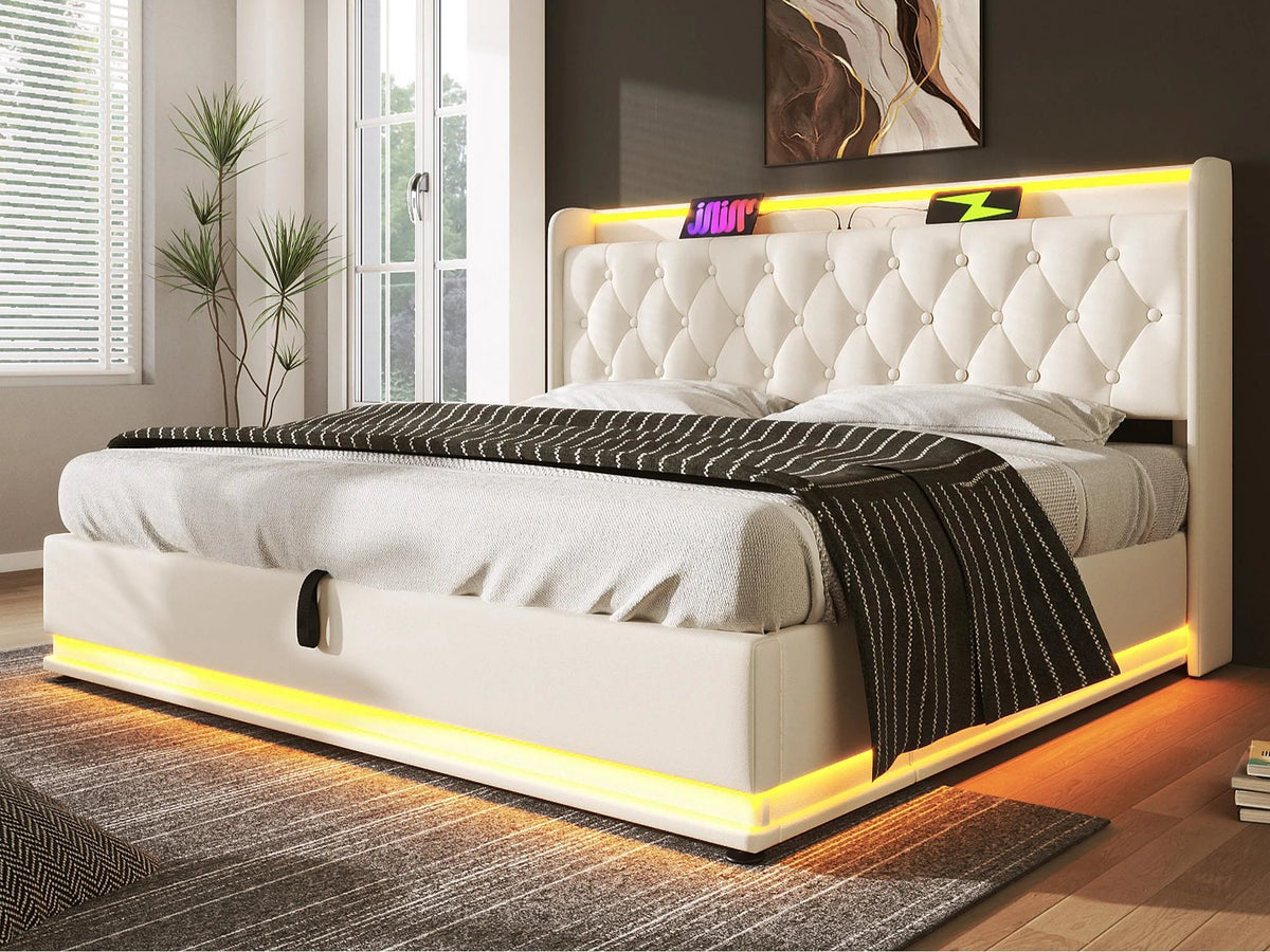 Lit Coffre 140x190 Simili Cuir Blanc avec LED et Port USB