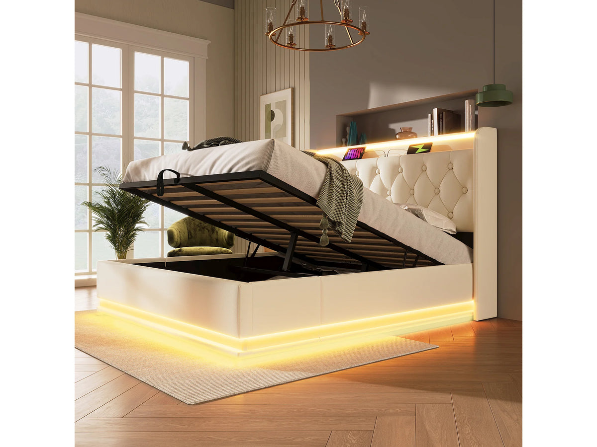 Lit Coffre 140x190 Simili Cuir Blanc avec LED et Port USB — vue 3