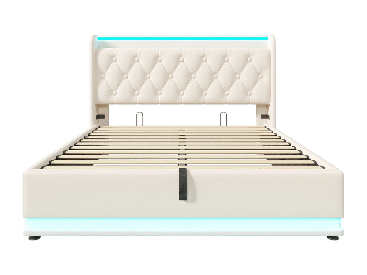 Lit Coffre 140x190 Simili Cuir Blanc avec LED et Port USB — vue 5