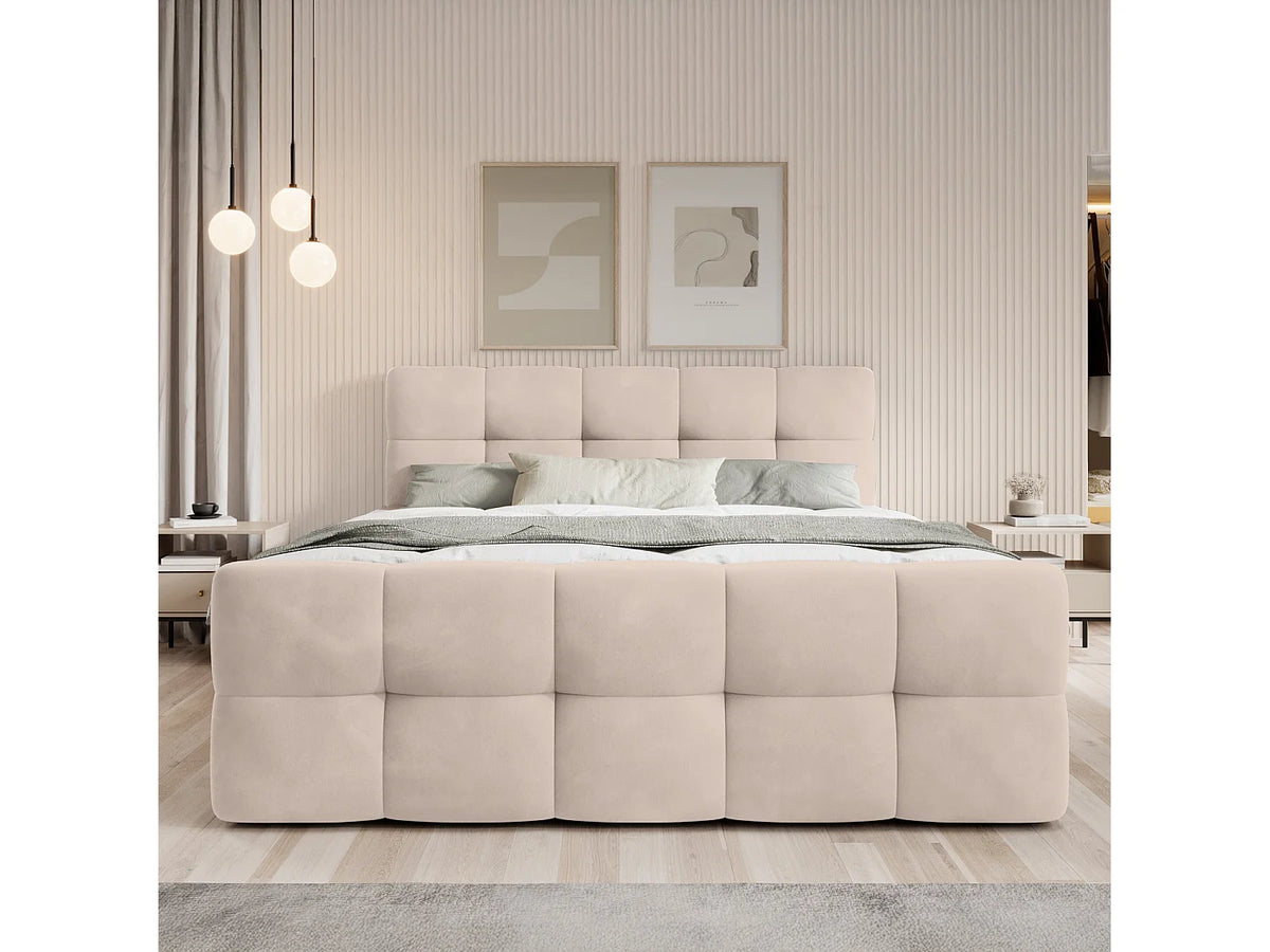 Lit Coffre 140x190 Velours Beige avec Matelas