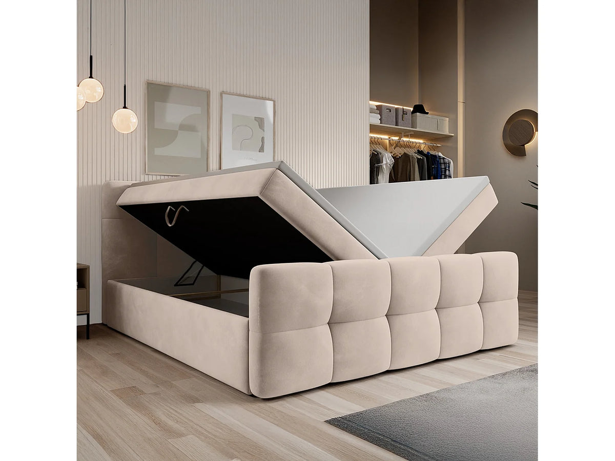 Lit Coffre 140x190 Velours Beige avec Matelas — vue 2