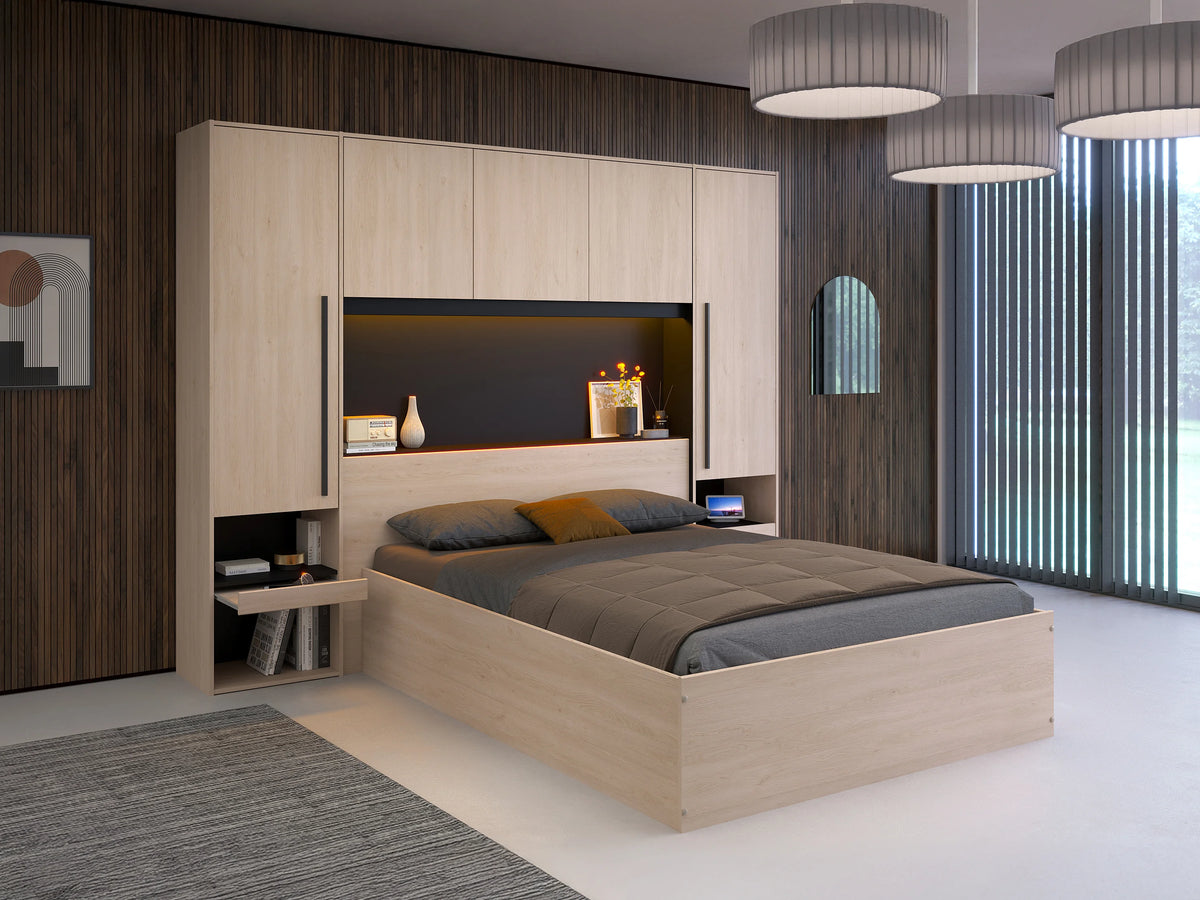 Lit Coffre 140x190 Bois Naturel clair avec Chevets, LED et Pont de Lit - VELONA