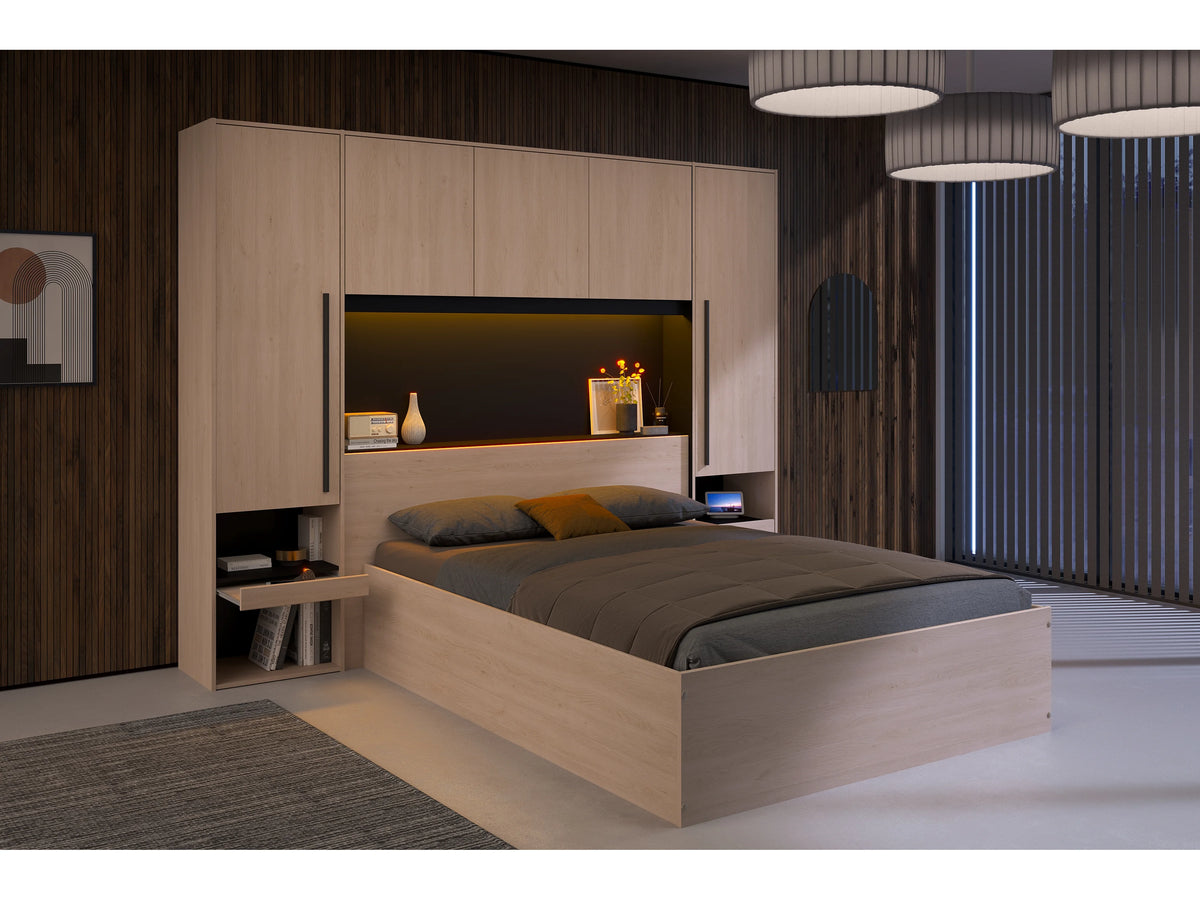 Lit Coffre 140x190 Bois Naturel clair avec Chevets, LED et Pont de Lit - VELONA — vue 2