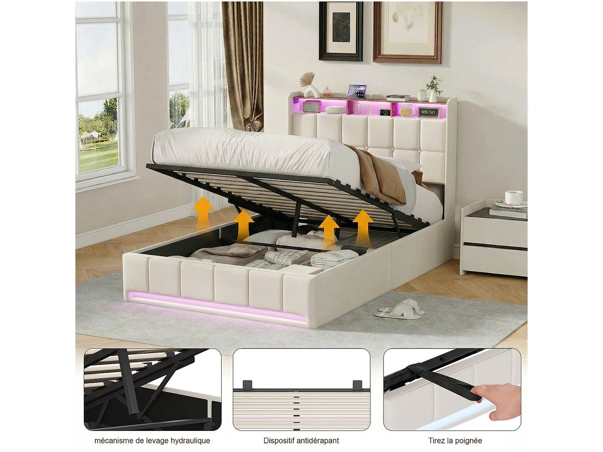 Lit Coffre 140x190 Tissu Lin Beige avec LED et Port USB — vue 4