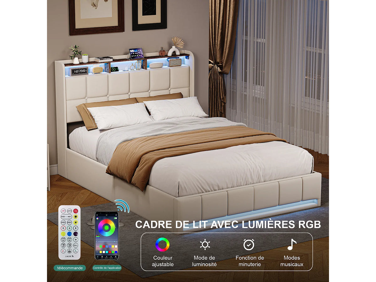 Lit Coffre 140x190 Tissu Lin Beige avec LED et Port USB
