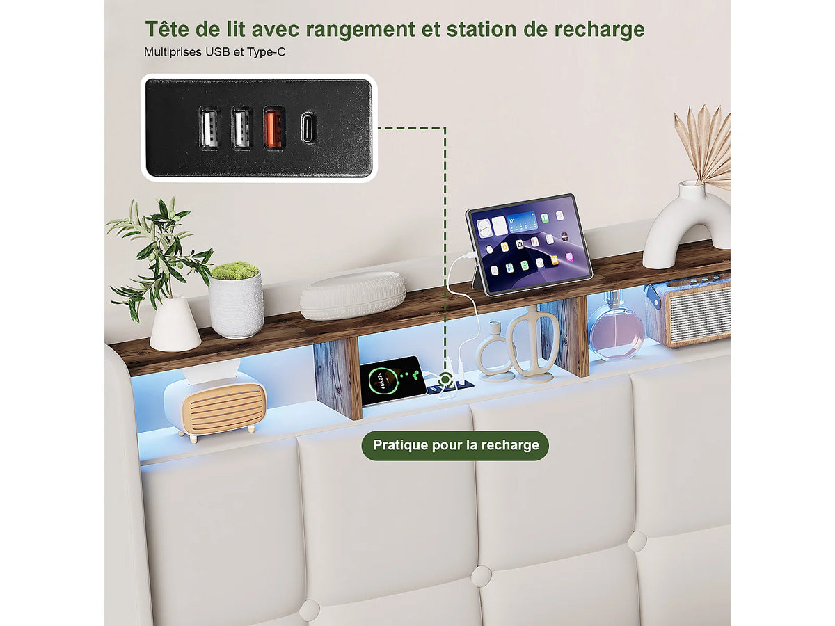 Lit Coffre 140x190 Tissu Lin Beige avec LED et Port USB — vue 5