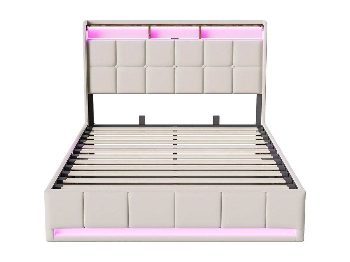 Lit Coffre 140x190 Tissu Lin Beige avec LED et Port USB — vue 3