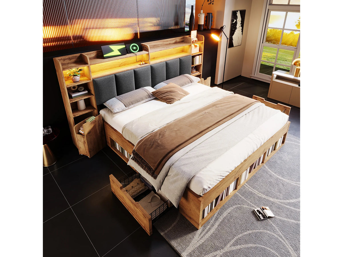 Lit Coffre 160x200 Bois Naturel clair avec Chevets, LED et Tiroirs