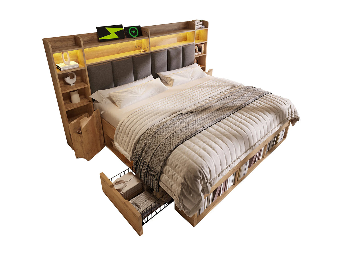 Lit Coffre 160x200 Bois Naturel clair avec Chevets, LED et Tiroirs — vue 7