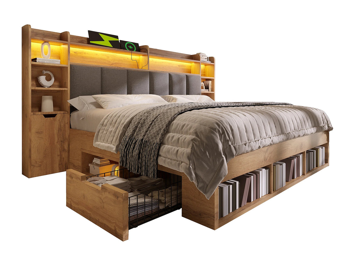 Lit Coffre 160x200 Bois Naturel clair avec Chevets, LED et Tiroirs — vue 9