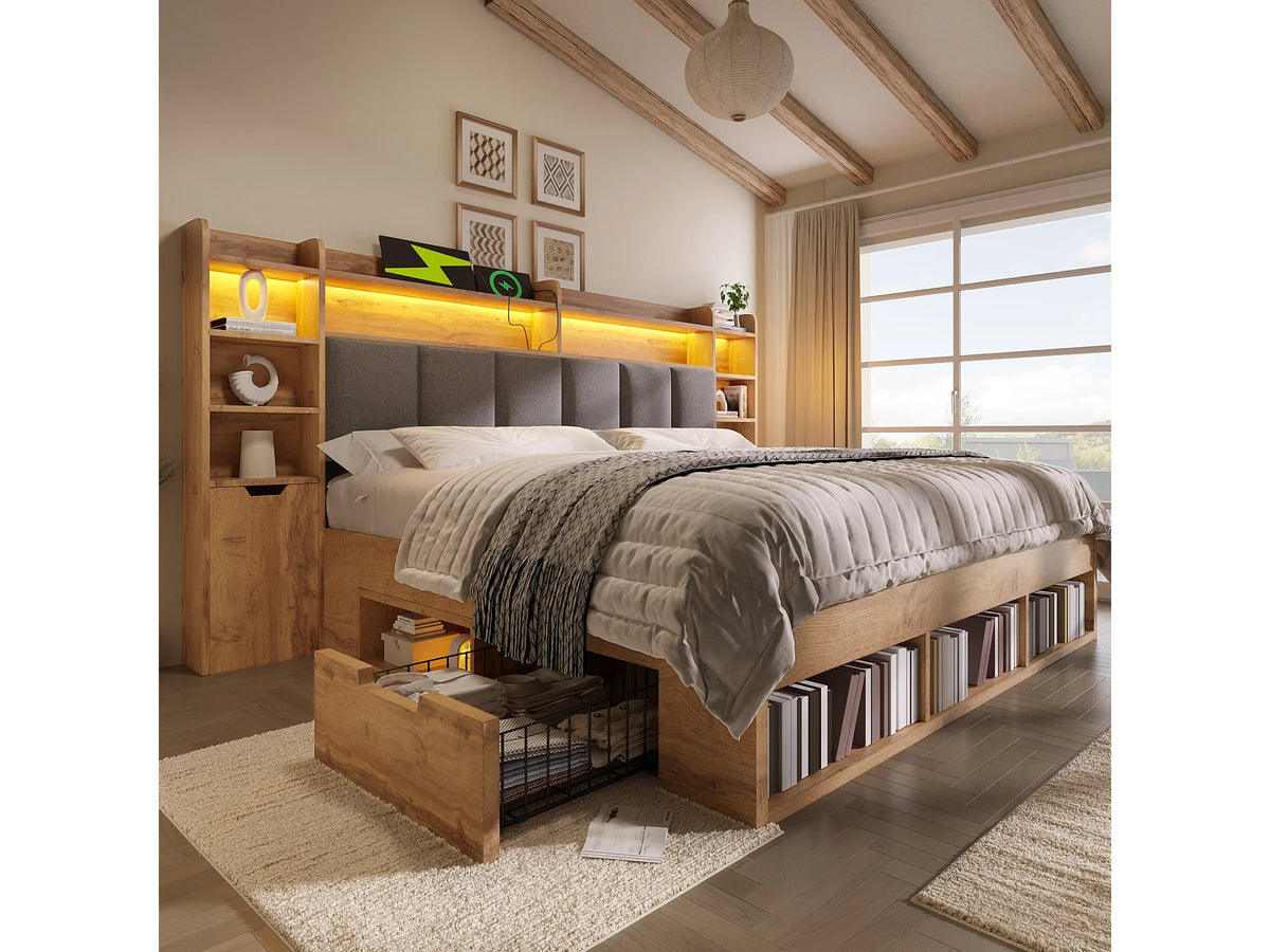 Lit Coffre 160x200 Bois Naturel clair avec Chevets, LED et Tiroirs — vue 4