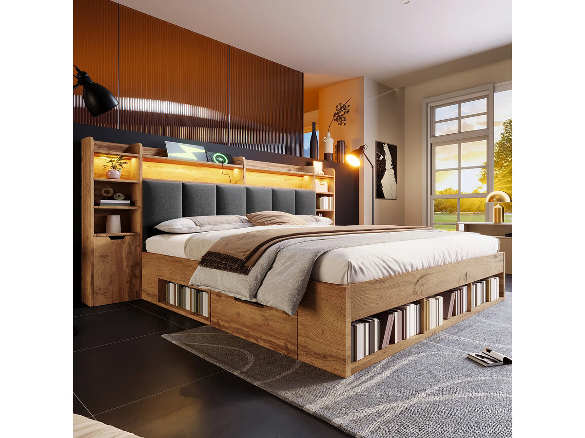 Lit Coffre 160x200 Bois Naturel clair avec Chevets, LED et Tiroirs — vue 6