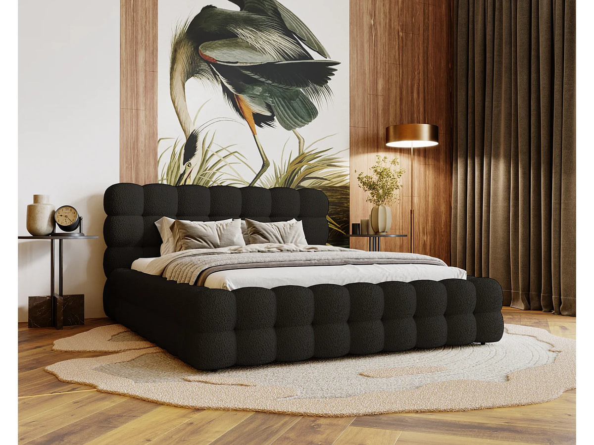 Lit Coffre 180x200 Tissu Bouclette Noir Capitonné