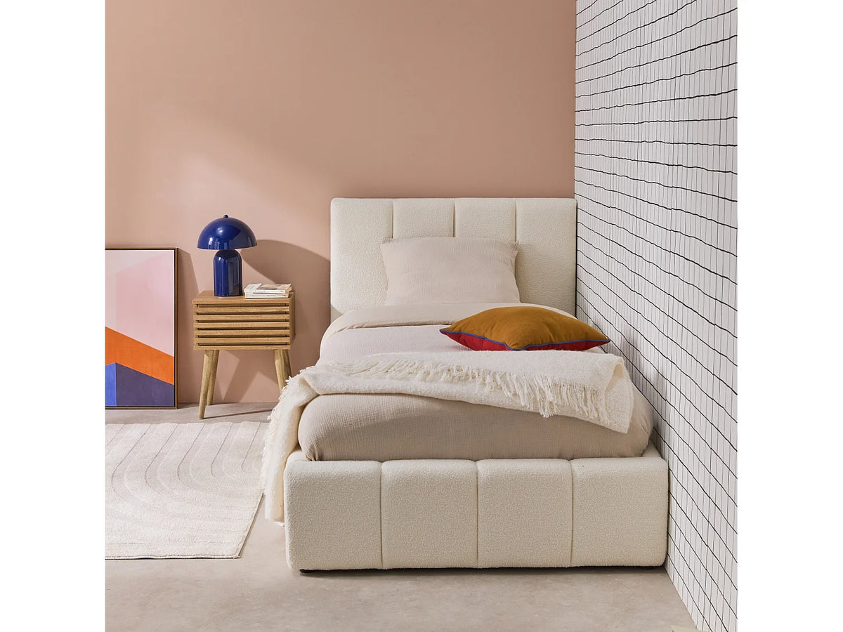 Lit Coffre 90x190 Tissu Bouclette Blanc