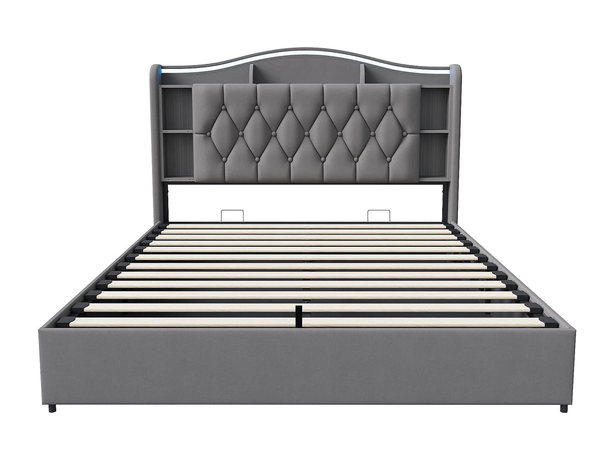 Lit Coffre 140x190 Velours Gris avec LED et Port USB — vue 2