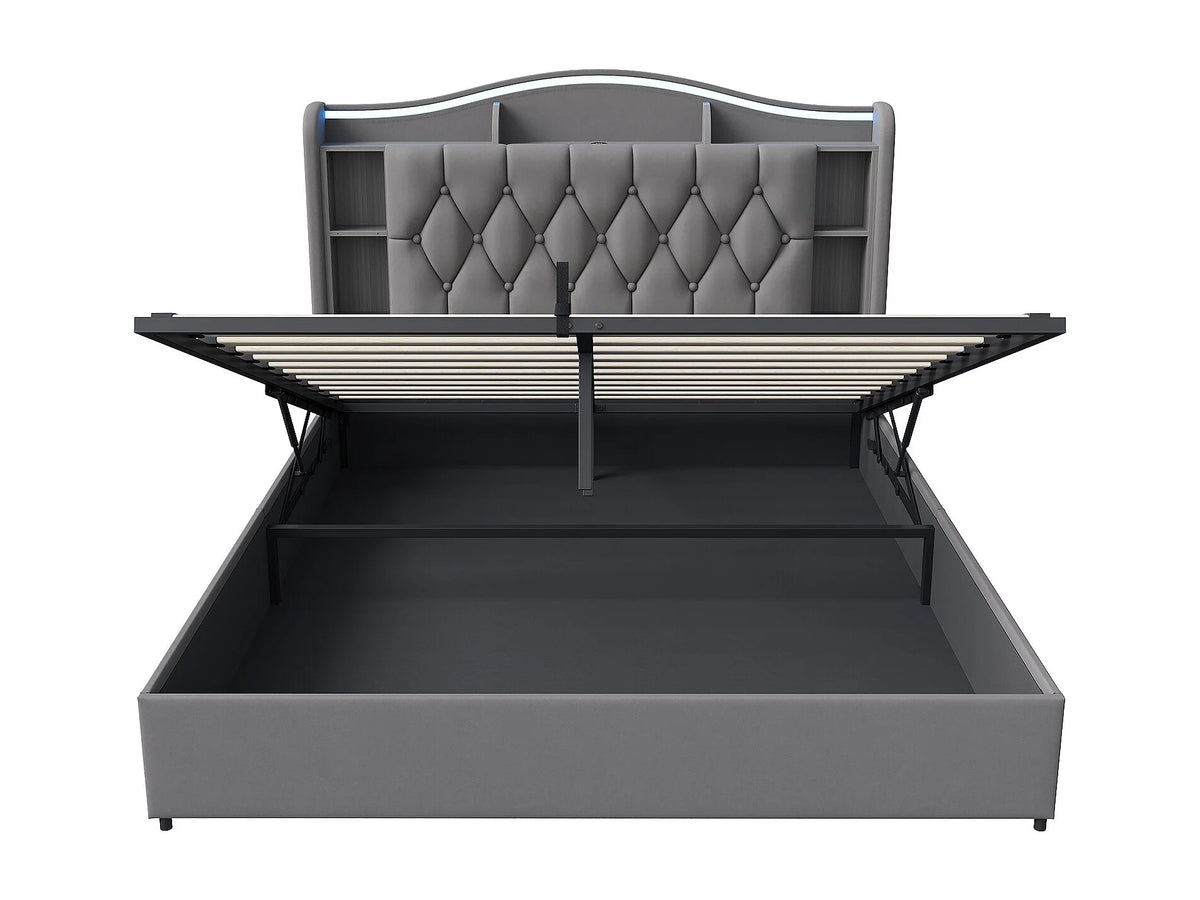 Lit Coffre 140x190 Velours Gris avec LED et Port USB — vue 3