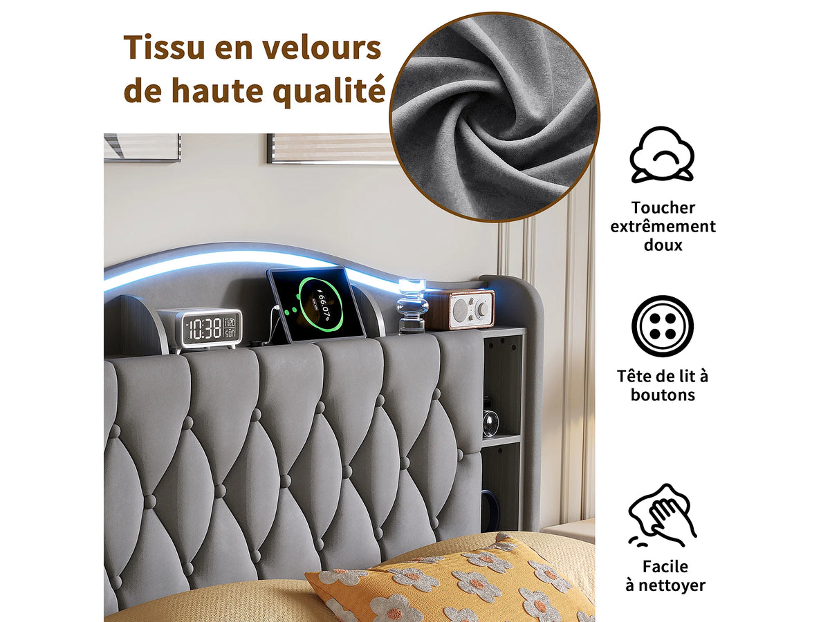 Lit Coffre 140x190 Velours Gris avec LED et Port USB — vue 5
