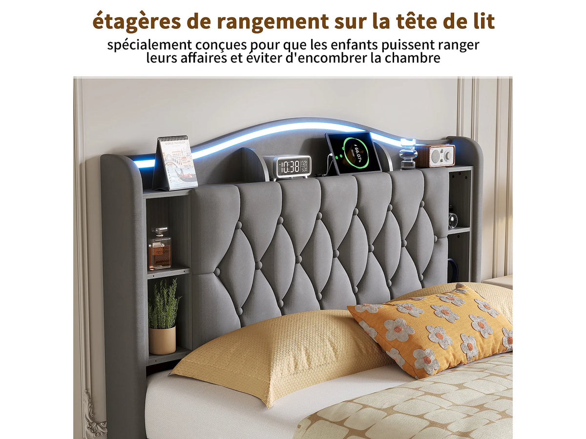 Lit Coffre 140x190 Velours Gris avec LED et Port USB — vue 6