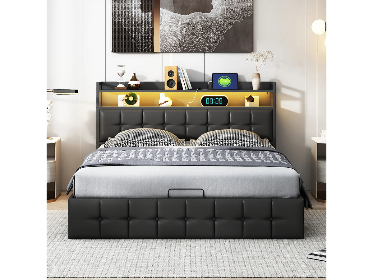 Lit Coffre 160x200 Simili Cuir Noir avec LED et Port USB