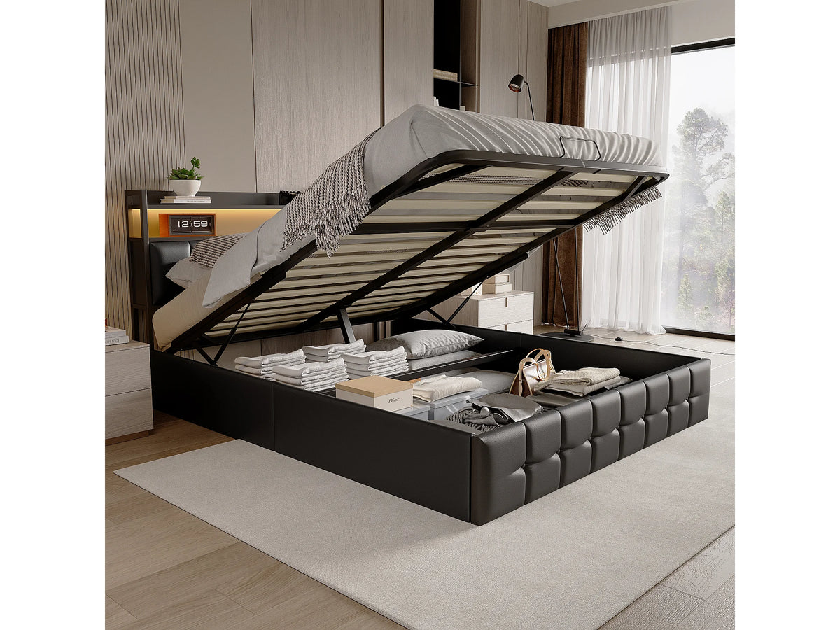 Lit Coffre 160x200 Simili Cuir Noir avec LED et Port USB — vue 2
