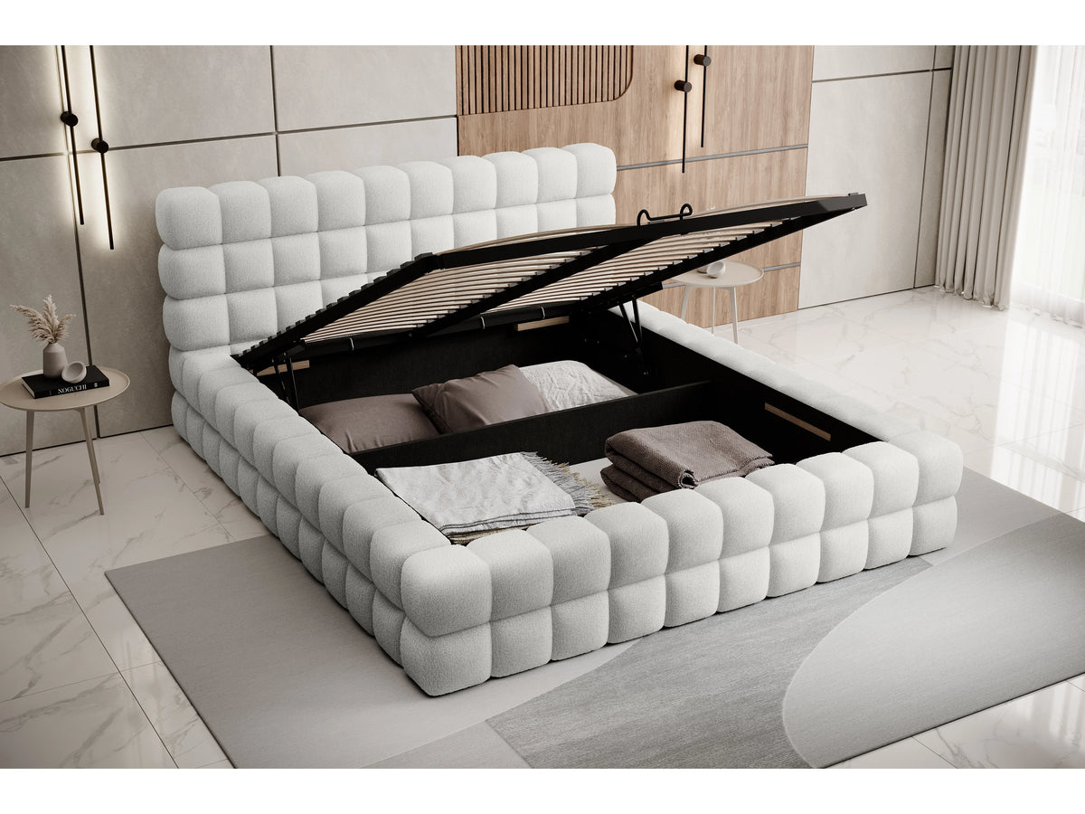 Lit Coffre 180x200 Tissu Bouclette Blanc Capitonné — vue 7