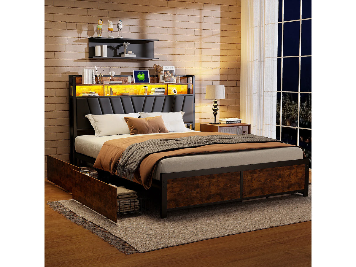 Lit Coffre 160x200 Simili Cuir Naturel foncé avec LED — vue 2