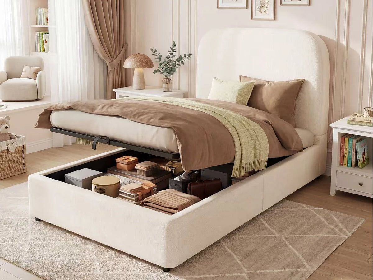 Lit Coffre 90x200 Tissu Bouclette Beige