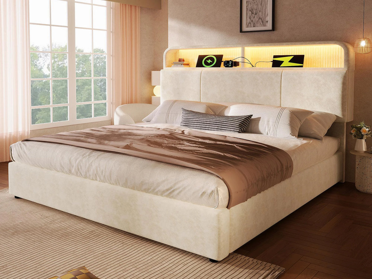 Lit Coffre 140x190 Velours Beige avec LED et Port USB