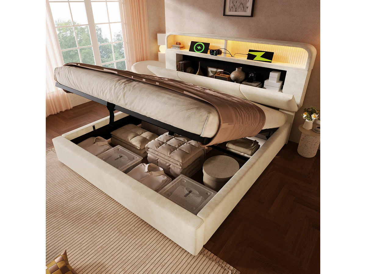 Lit Coffre 140x190 Velours Beige avec LED et Port USB — vue 2